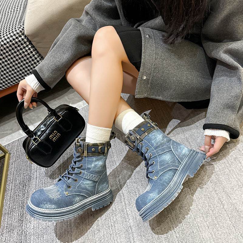 Platform Martin Boots Women's British Style Ankle Boots Retro Distressed Western Cowboy Boot - Mubimart