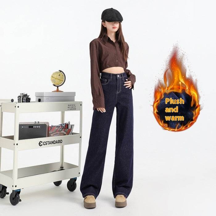 Fleece-lined Thickened Straight Jeans For Women - Mubimart
