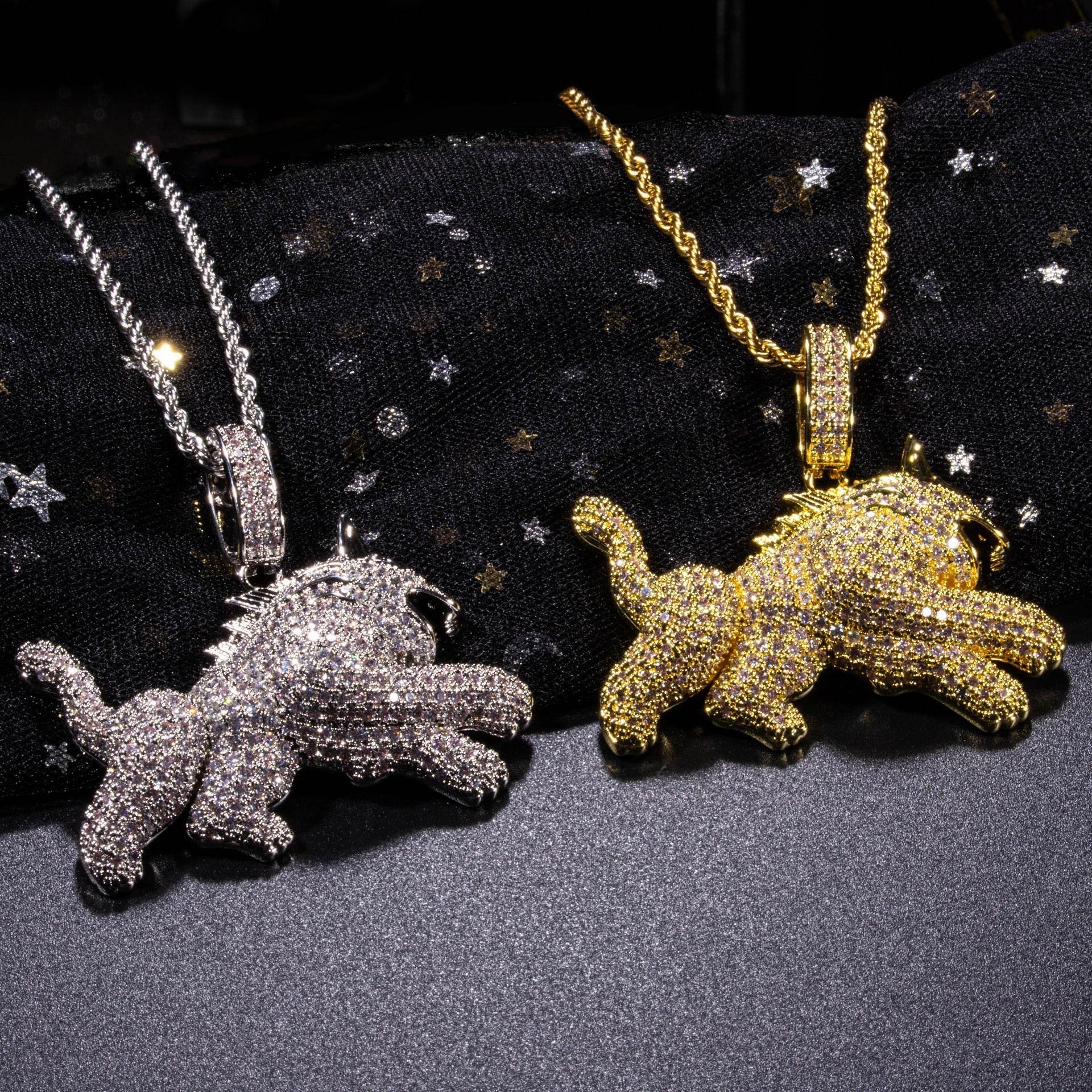 Hip Hop Full Zircon Mens Necklace Leopard Pendant - Mubimart