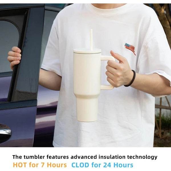 40 Oz Tumbler With Handle, Reusable Insulated Cup With Lid And Straw, Stainless Steel Water Bottle, Travel Mug For Cold And Hot - Mubimart