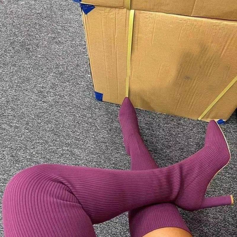 Over Knee Long Boots Pointed Toe High Heel Stretch Knitting Shoes Women Winter Boot - Mubimart