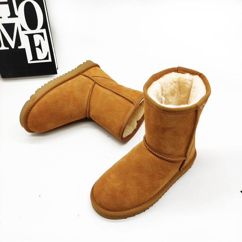 Women's Cowhide Genuine Leather Mid-calf Length Snow Boots - Mubimart