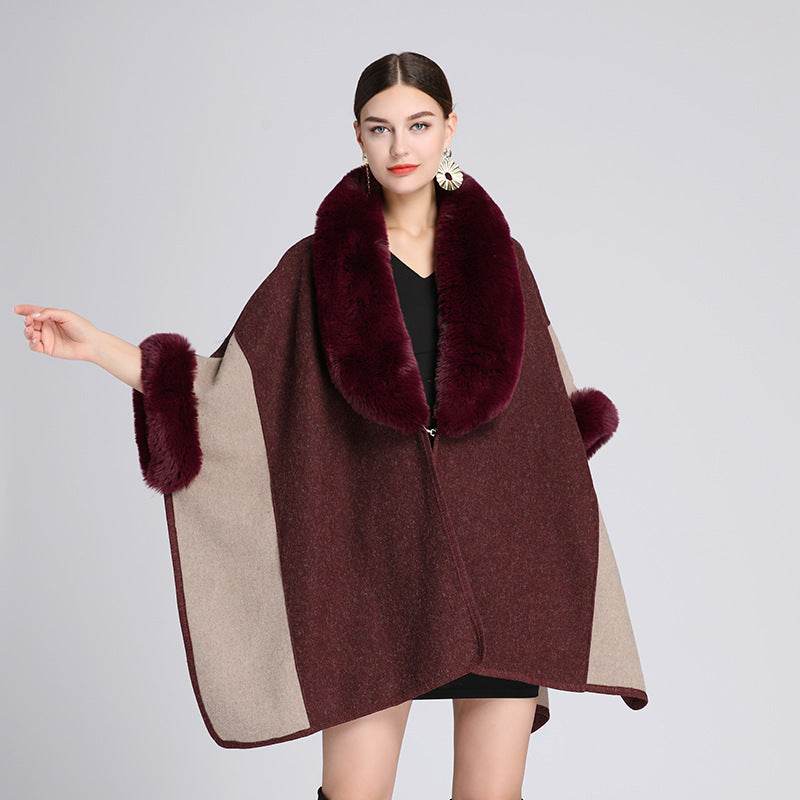 Imitation Rex Rabbit Fur Collar Cape And Shawl Women's Plus Size Loose Woolen Coat - Mubimart