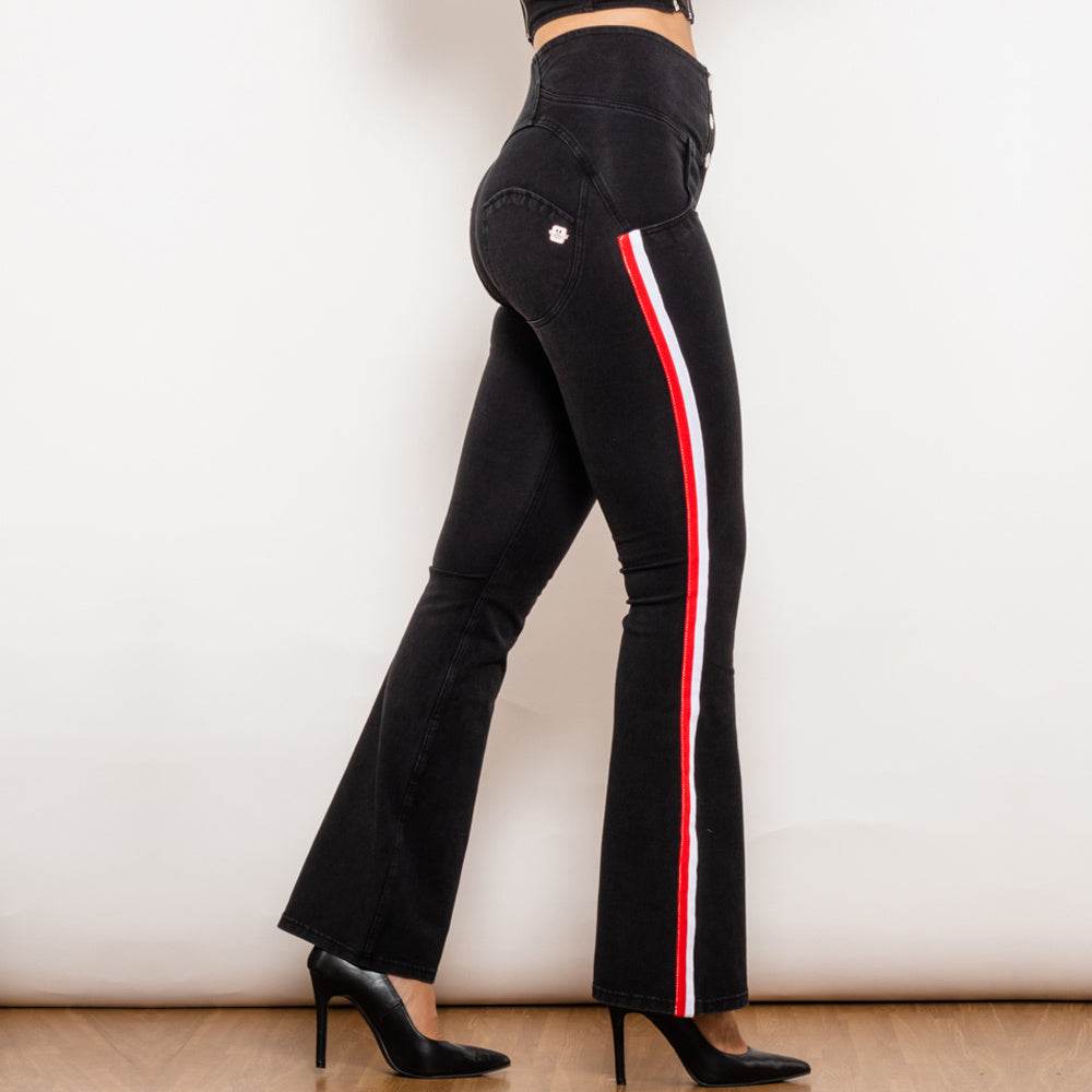 Shascullfites Melody Black Striped Flared Lift Jeggings Button Up Jeans Shaping Jeans Women High Waist Flare Jeans - Mubimart