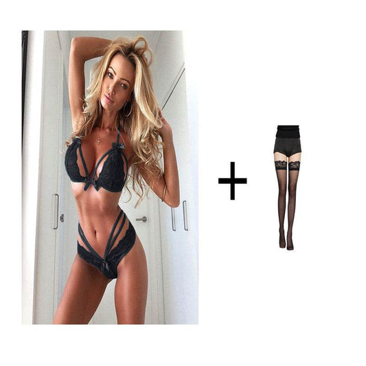 Bowknot lace sexy lingerie set - Mubimart
