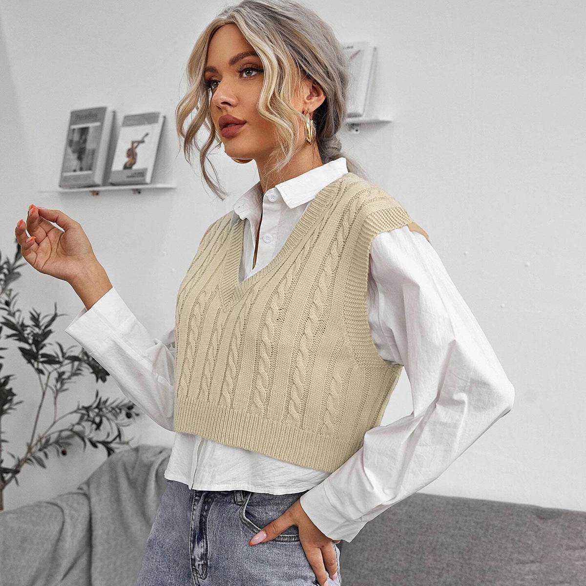 V-neck Knitted Vest Sweater Vest Sleeveless Waistcoat Women's Sweater Twist - Mubimart