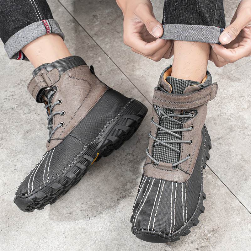 Winter Fleece Lace-up Snow Boots For Men Women Waterproof And Anti-slip Outdoor Work Boot Fashion Warm Mid-tube Cotton Shoes Men - Mubimart