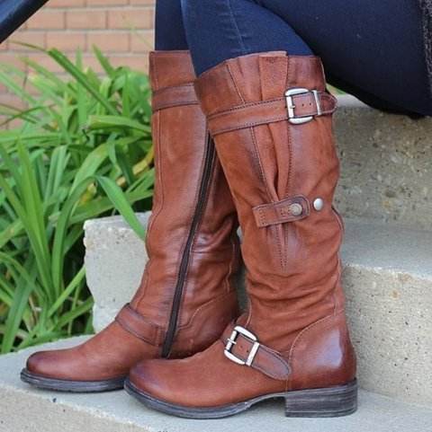 Round Head Casual Low Heel Tall Knight Boots - Mubimart