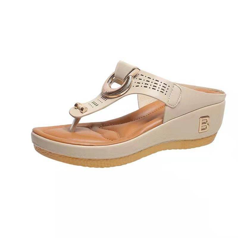 Thong Sandals Women High Heel Wedges Shoes Flip Flops Metal Decorative Slides Slippers - Mubimart