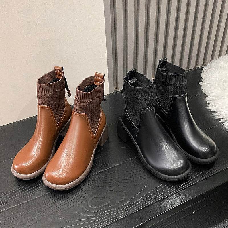 Women's Chunky Heel Square Toe Martin Boots - Mubimart