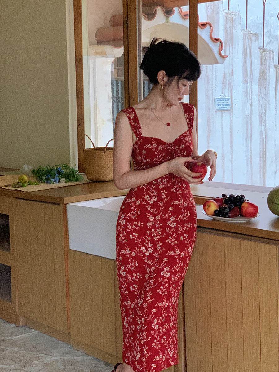 Long Floral Neck Waist Slip Dress - Mubimart