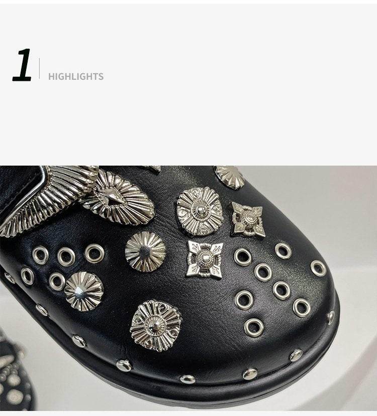 Toe Cap Semi Slipper New British Retro Platform Rivet Flat Shoes - Mubimart