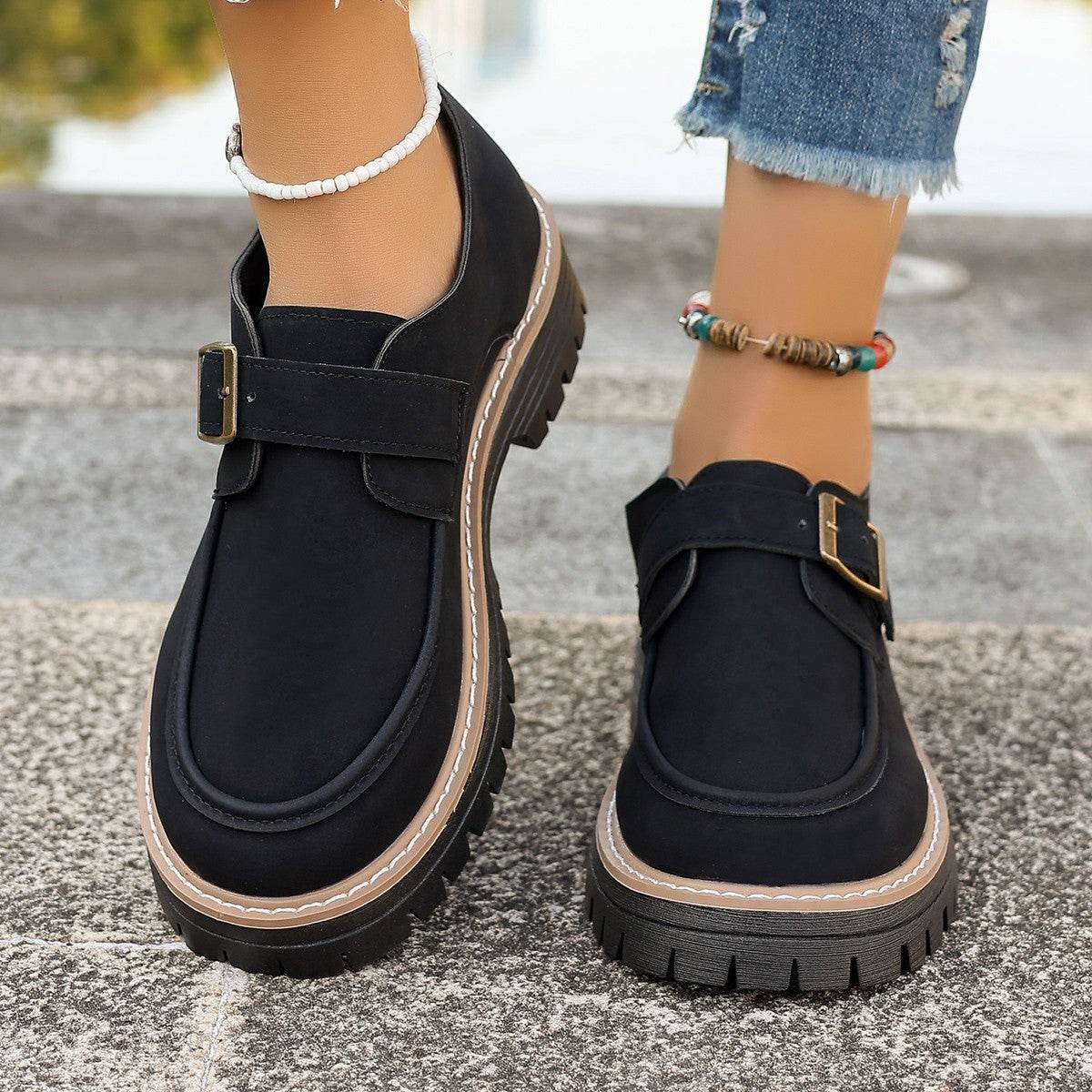 Fashion Buckle Loafers For Women British Style Height-increasing Thick-soled Casual Shoes - Mubimart