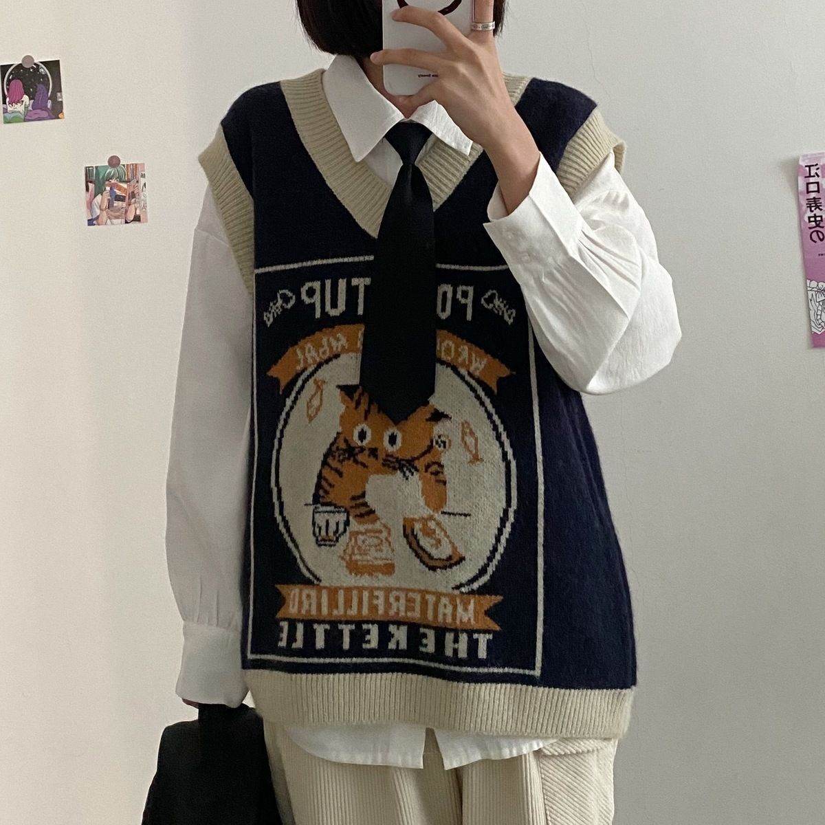 Women's Knitted Vest Loose Retro Outerwear Sweater Vest - Mubimart