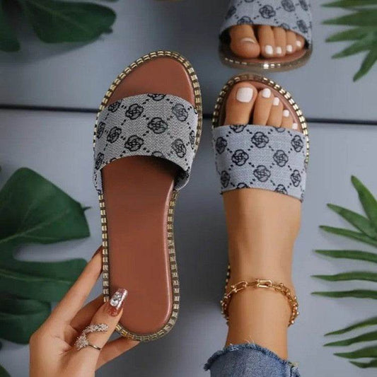 Summer Flower Print Flat Sandals For Women Non-slip Slides Slippers Vacation Casual Beach Shoes - Mubimart
