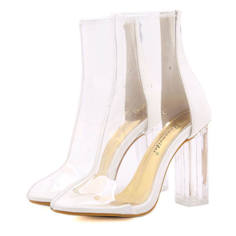 Crystal Thick Heel Transparent Plastic Color Matching High Heel Pointed Toe Women's Sandal Boots - Mubimart