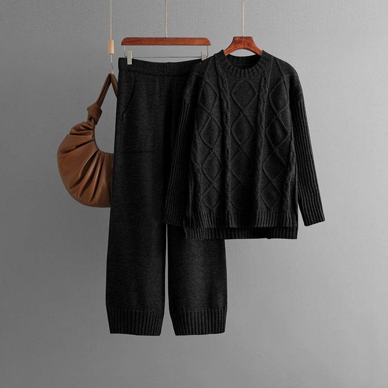 Plus Size Women's Clothing Cable-knit Pullover Sweater Suit - Mubimart