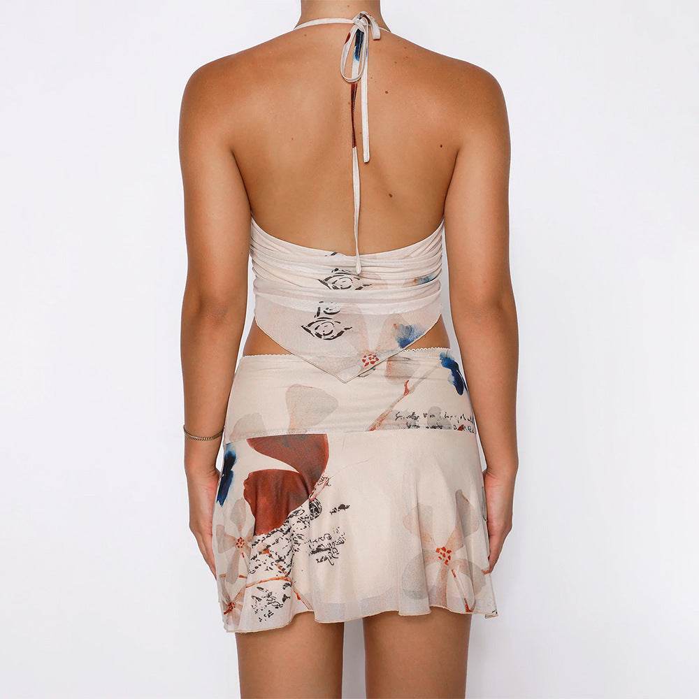 2Pcs Printed Suit Summer Sexy V-neck Halter Top And Pleated Short Skirt Women's Dress Set Clothing - Mubimart