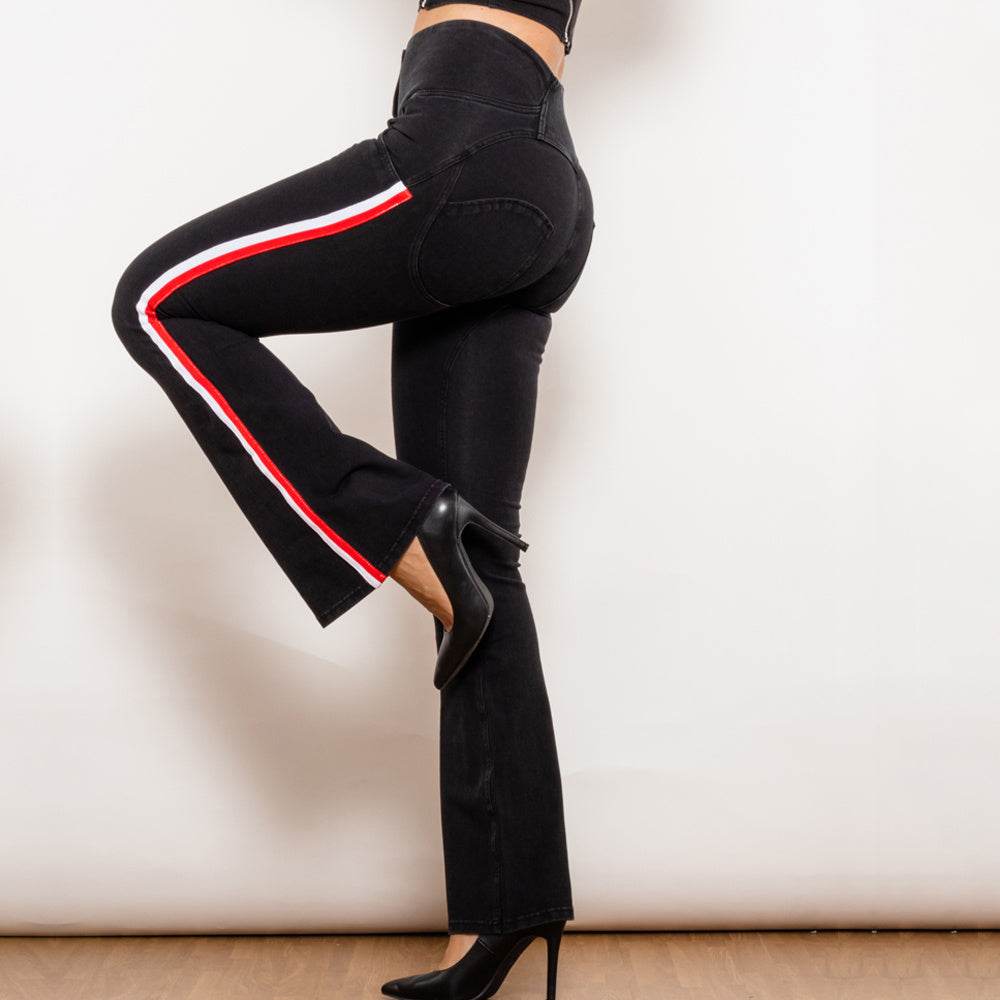 Shascullfites Melody Black Striped Flared Lift Jeggings Button Up Jeans Shaping Jeans Women High Waist Flare Jeans - Mubimart