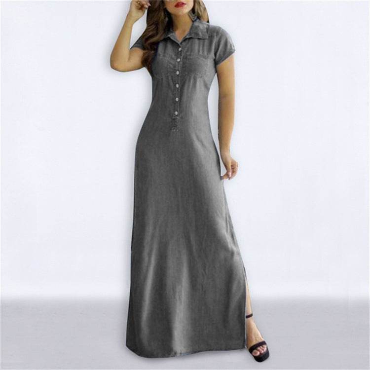 Shirt Collar Slit Pocket Large Swing Skirt Plus Size Denim Dress - Mubimart