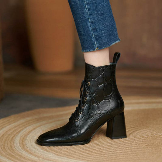 Women's Thick Heel Martin Boots Lace Up High Heels - Mubimart