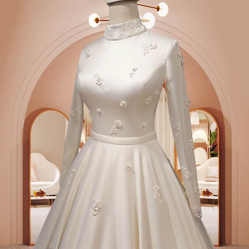 Women's Fashion Temperament Satin Stand-up Collar Long-sleeved Wedding Dresses - Mubimart