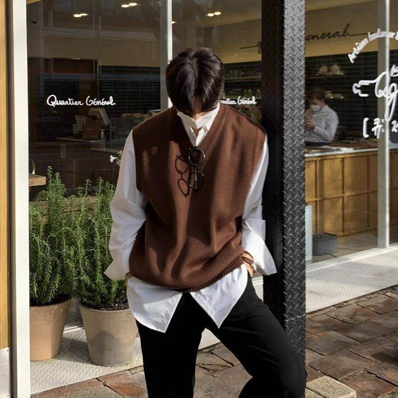 Men's V-neck Sweater Plus Size Vest Knitted Autumn And Winter College Style Waistcoat Vest Coat - Mubimart
