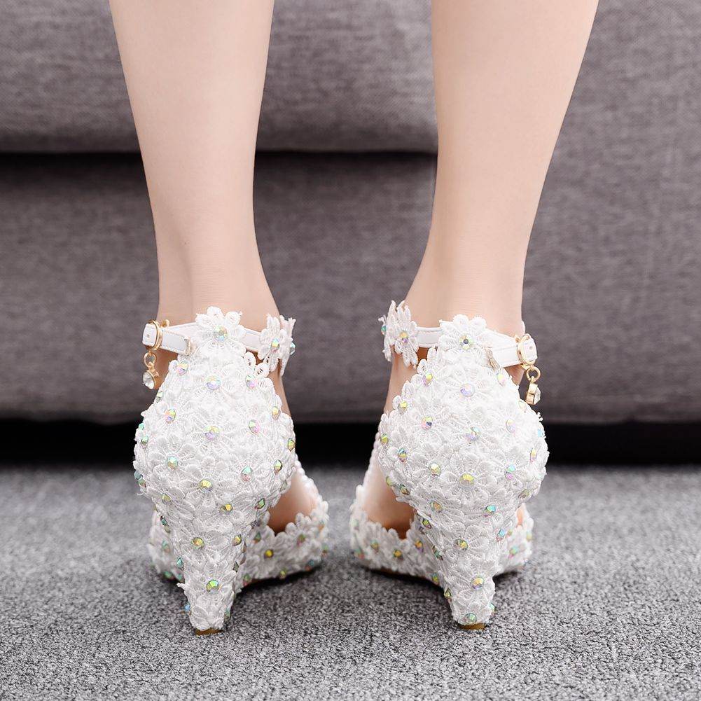 Rhinestone Wedge Lace Sandals - Mubimart