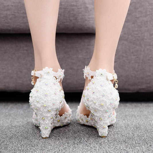 Rhinestone Wedge Lace Sandals - Mubimart