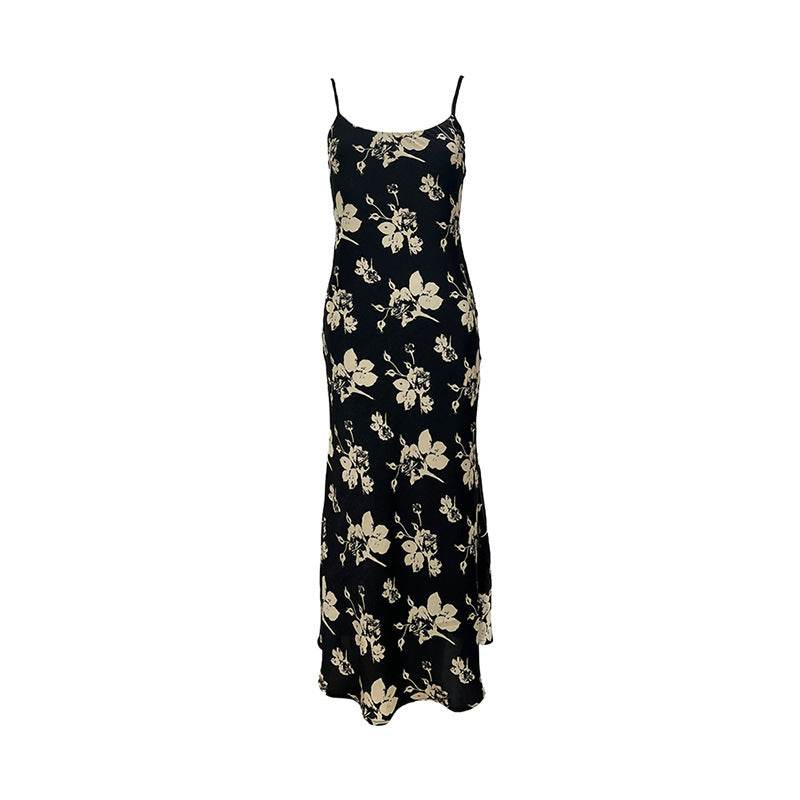 Printed Suspender Fishtail Midi Dress - Mubimart