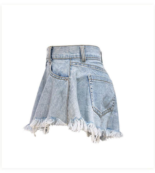 High Waist Loose-fitting Tassel Denim Shorts For Women - Mubimart
