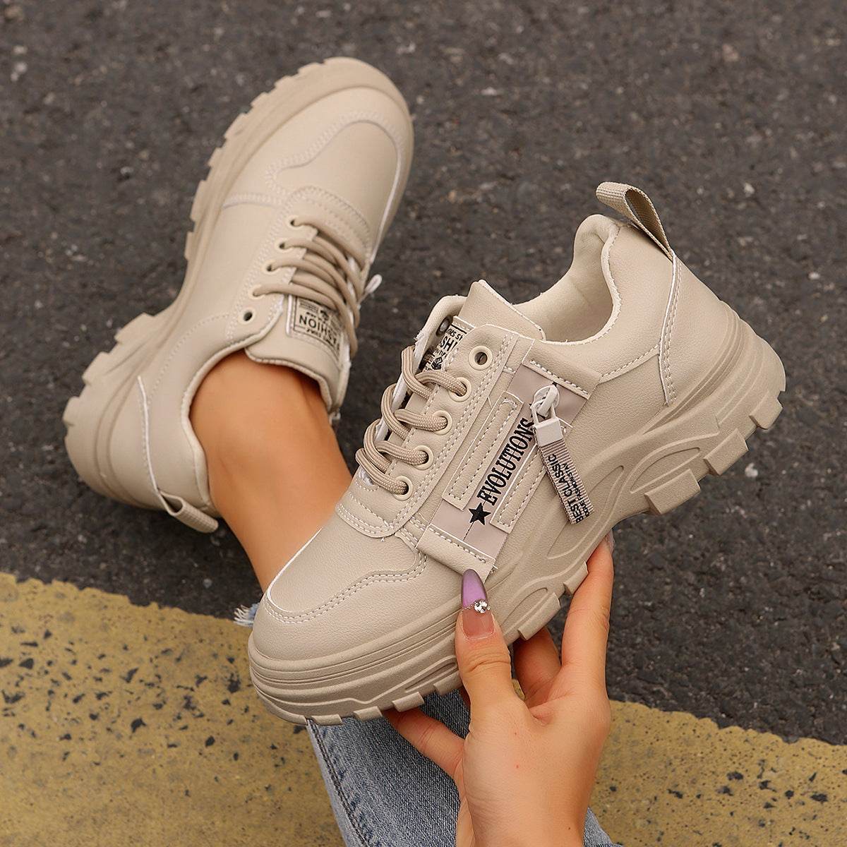 Lace-up Sports Shoes With Side-Zipper Design Fashion Thick-soled Round-toe Casual Shoes For Women Sneakers - Mubimart