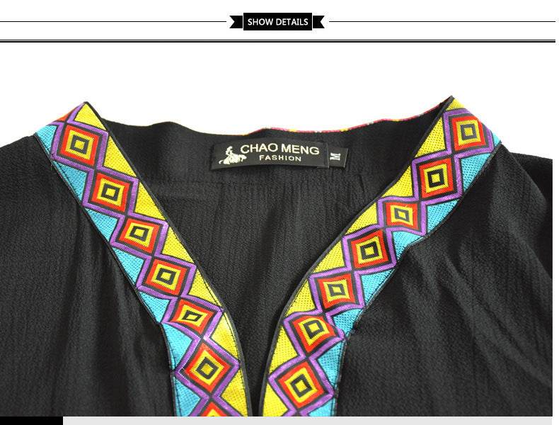 Loose Plus Size Paris Beads Retro Patchwork Long Sleeve Robe - Mubimart