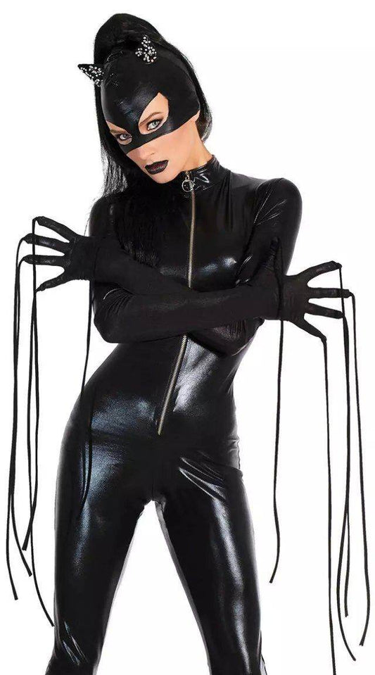 Women Black Patent Leather Catgirl Bodysuit - Mubimart