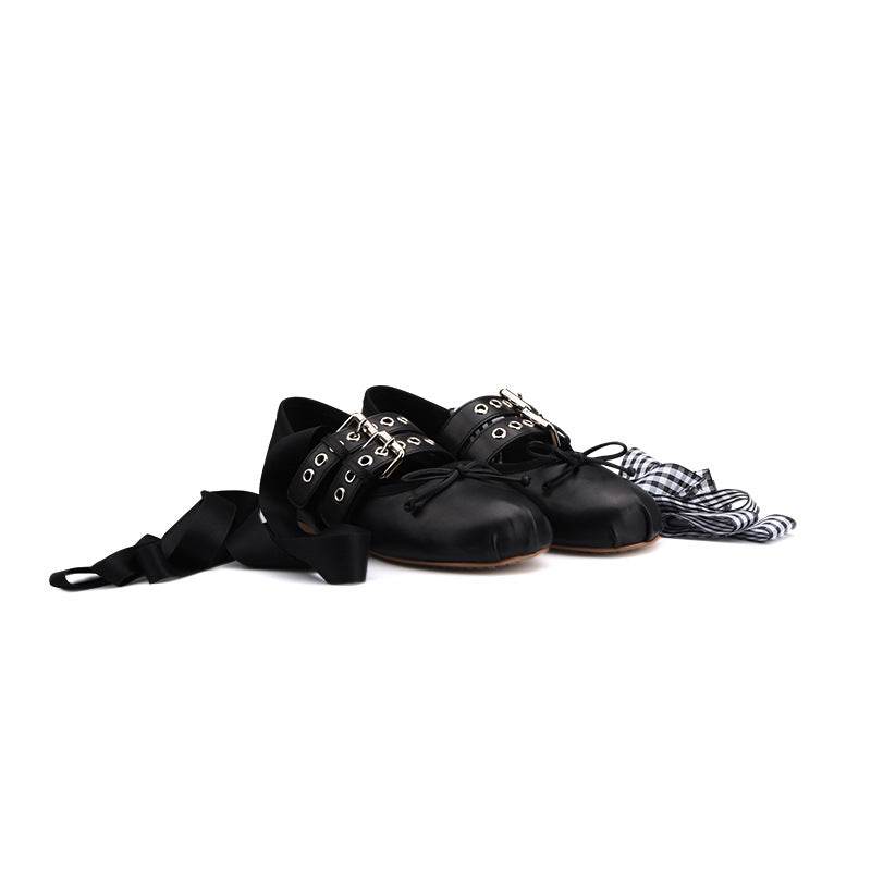 Leather Buckle Bow Round Toe Lace-up Ballet Flats - Mubimart