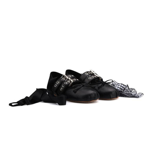 Leather Buckle Bow Round Toe Lace-up Ballet Flats - Mubimart