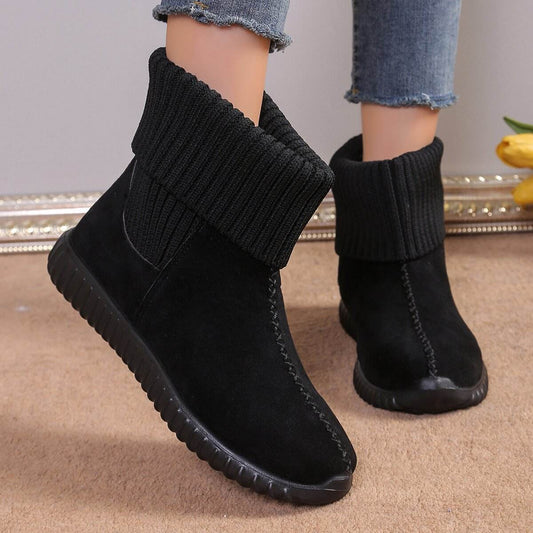 Flat Ankle Boots With Reversible Knitted Design Winter Fashion Comfortable Snow Boot For Women Shoes - Mubimart