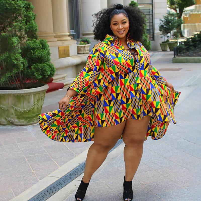Women's Button Loose Fashion Casual Printed Plus Size Dress - Mubimart