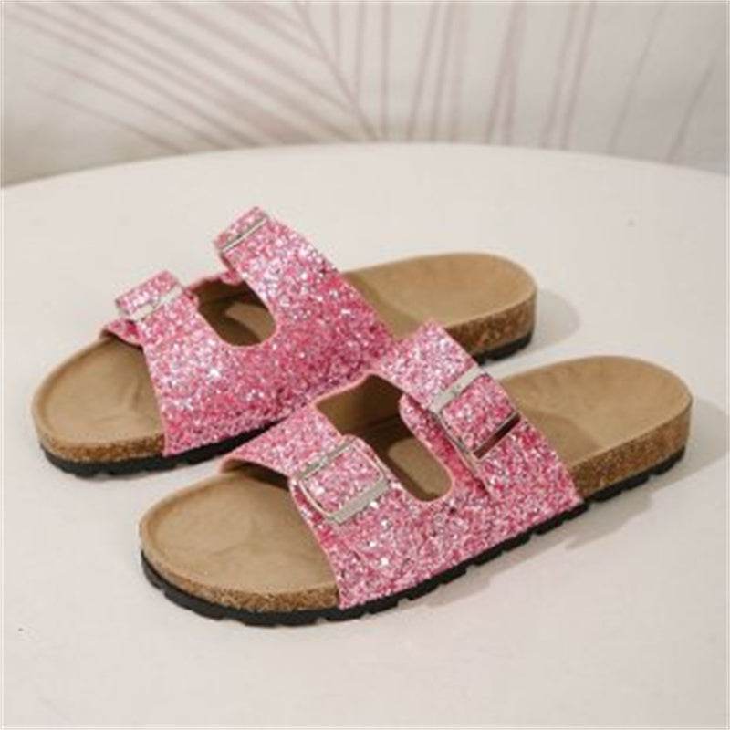 Double Buckle Sandals For Women New Fashion Sequined Beach Shoes Summer Leisure Outdoor Slippers Slides - Mubimart