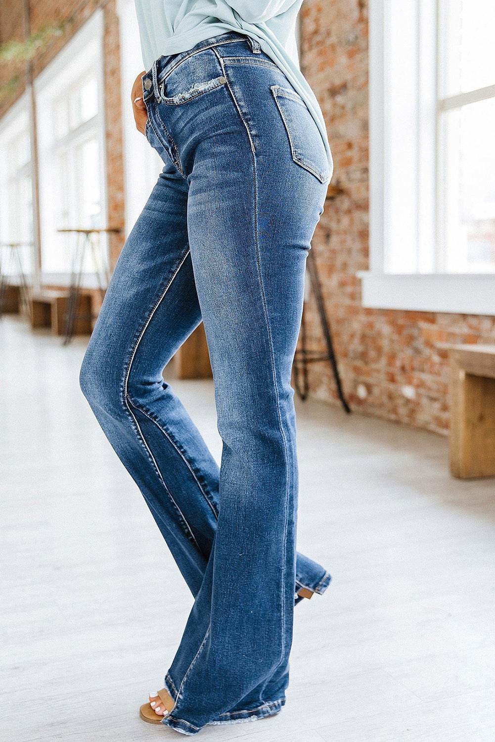 Washed High Waist Jeans Paneled Women's Flare - Mubimart