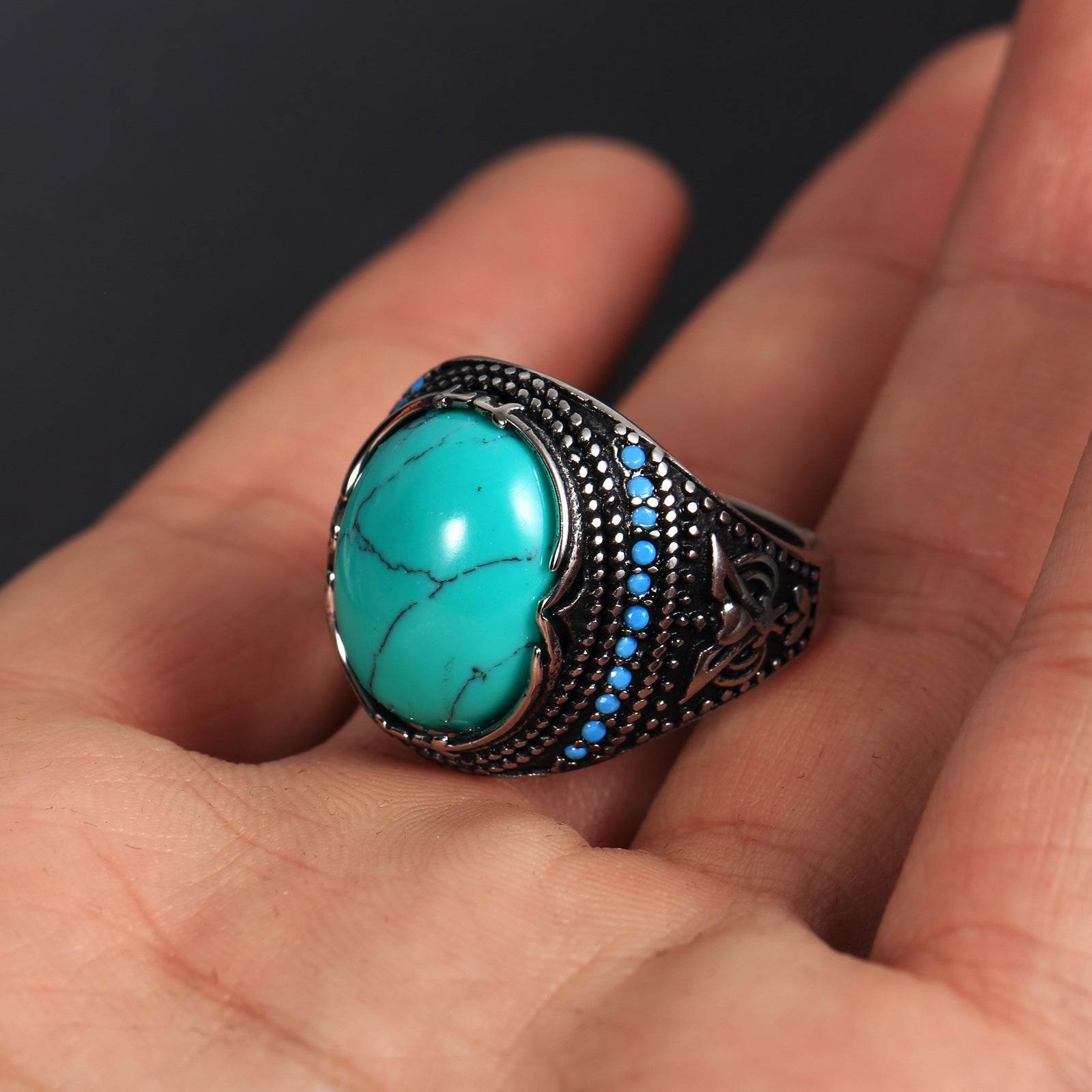 Accessories Titanium Steel Textured Turquoise Ring For Men - Mubimart