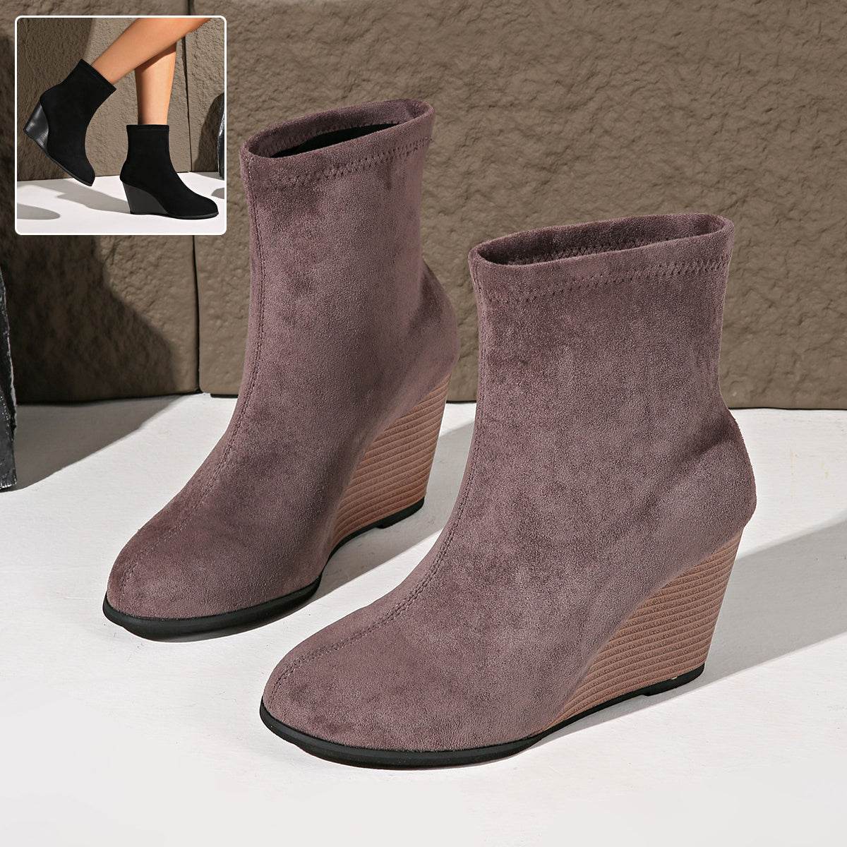 Fashion Thick-soled Wedges Boots Winter Suede Height-increasing Shoes Warm Solid Ankle Boot - Mubimart