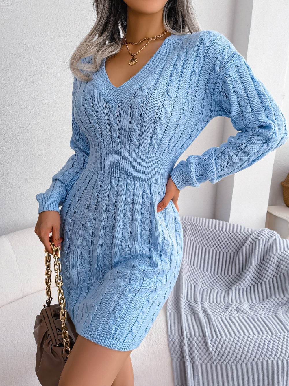 Solid Color V-Neck Long Sleeve Knit Dress Ins Fashion Slim Waisted Hip Dress Womens Clothing - Mubimart