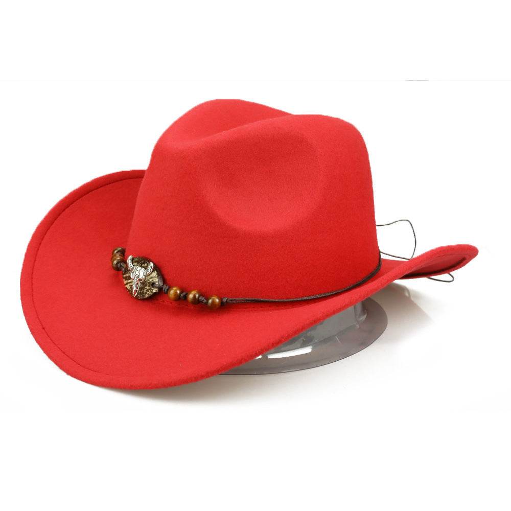 Western Cowboy Hat Wooden Bead Bull Head Fedora Hat - Mubimart