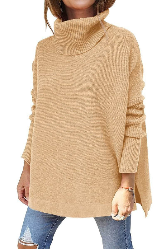 Turtleneck Sweater Mid Length Batwing Sleeve Slit Hem Tunic Pullover Sweaters Winter Tops Women Clothing - Mubimart