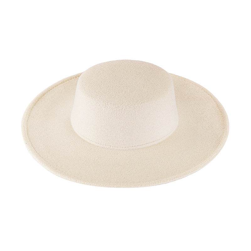 Flat Top Woolen Hat Big Brim Fedora Hat Hepburn Style - Mubimart
