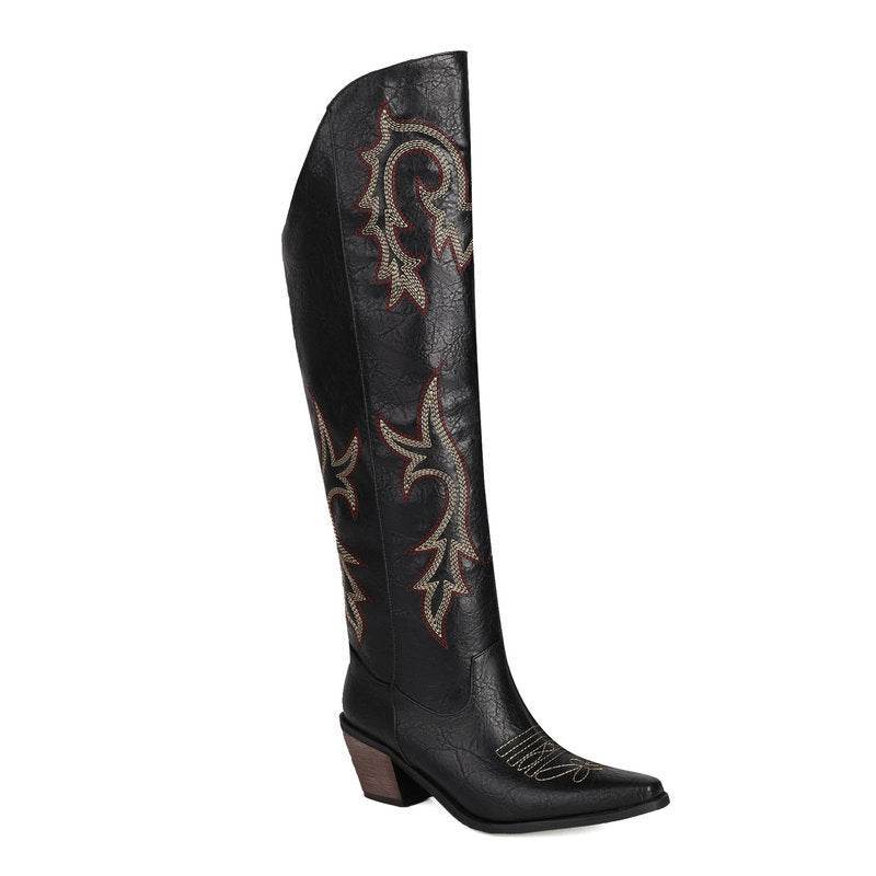 Embroidery Sleeve Western Cowboy Boot Chunky Heel High Heel - Mubimart