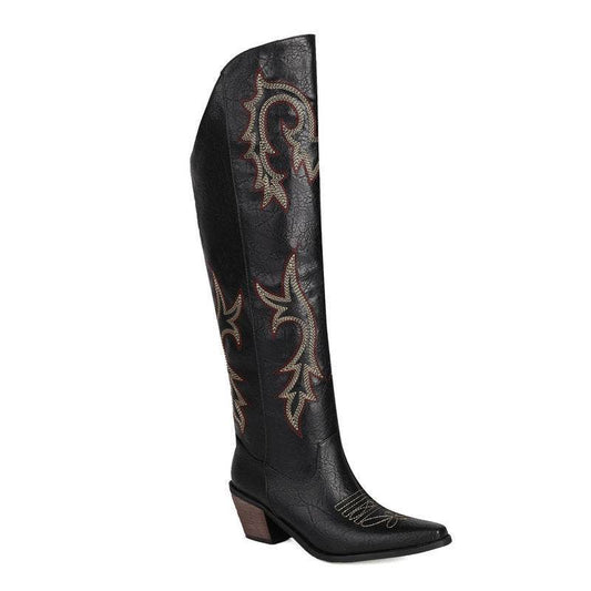 Embroidery Sleeve Western Cowboy Boot Chunky Heel High Heel - Mubimart