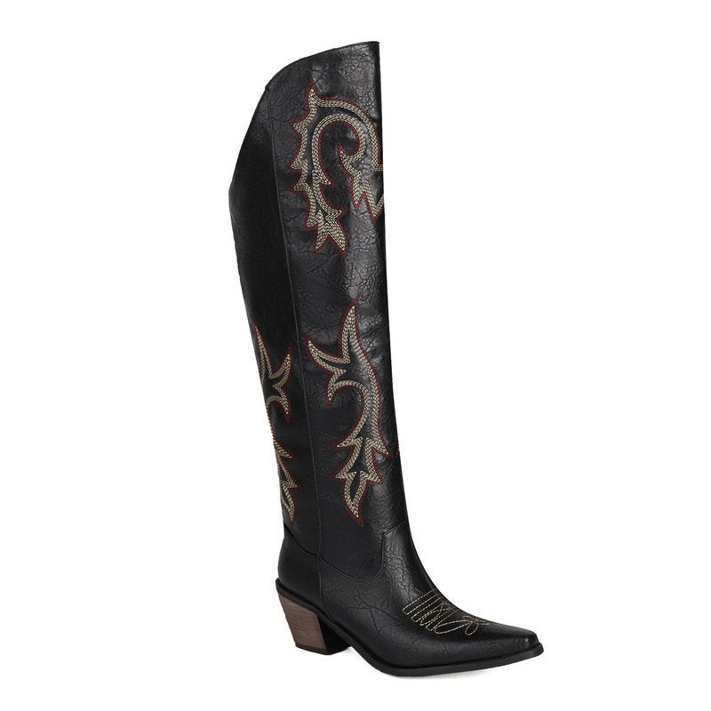 Embroidery Sleeve Western Cowboy Boot Chunky Heel High Heel