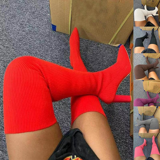 Over Knee Long Boots Pointed Toe High Heel Stretch Knitting Shoes Women Winter Boot - Mubimart
